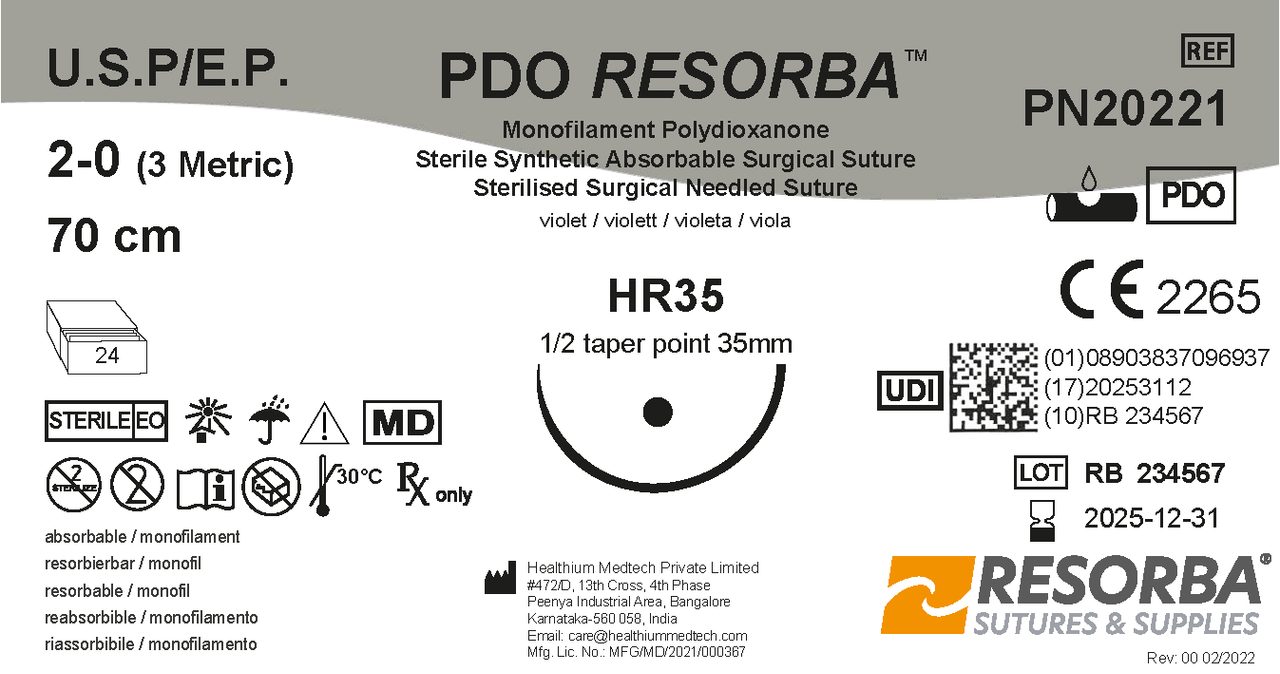 ПДО Ресорба USP2-0 фіолетовий, довжина 70см, колюча голка 35 мм, 1/2 кола